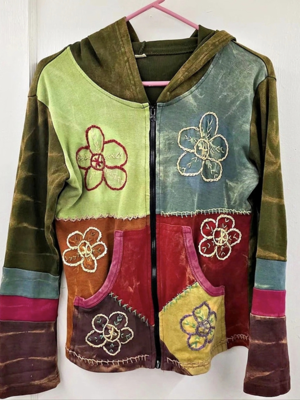 Patchwork Embroidered Hoodie Boho Hippie Nepal Zip Jacket